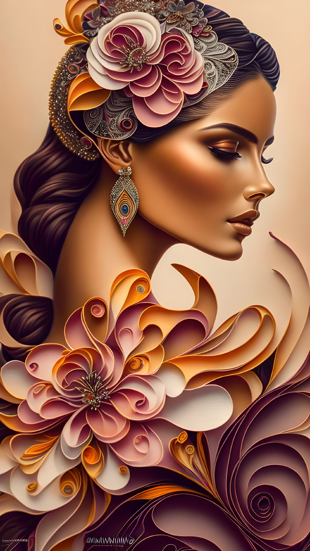 Illustrated portrait of woman with floral elements and jewelry in pink, orange, and brown.