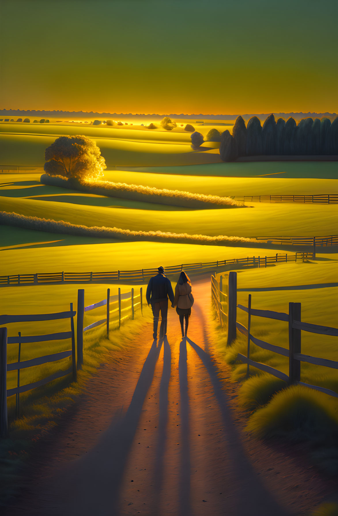 Couple walking on country path at sunset with golden light on rolling hills