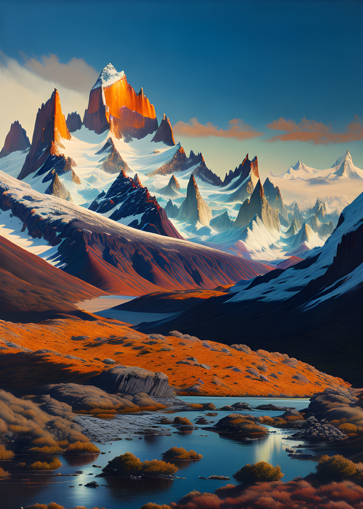 Majestic mountain range with sharp peaks in golden light over serene landscape