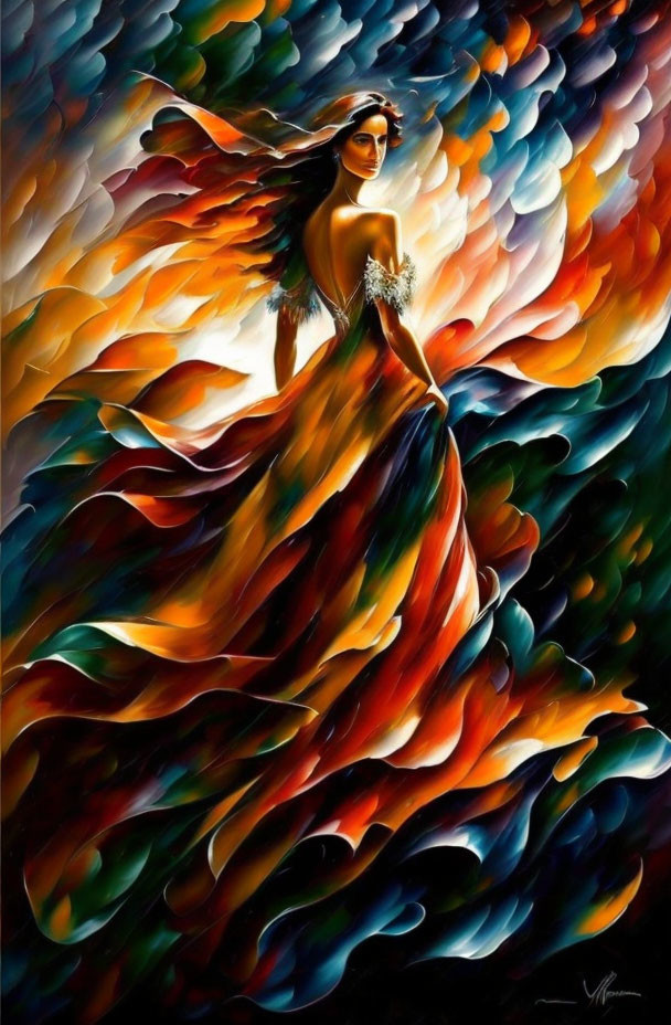 Colorful painting of woman in flowing gown with fiery hues