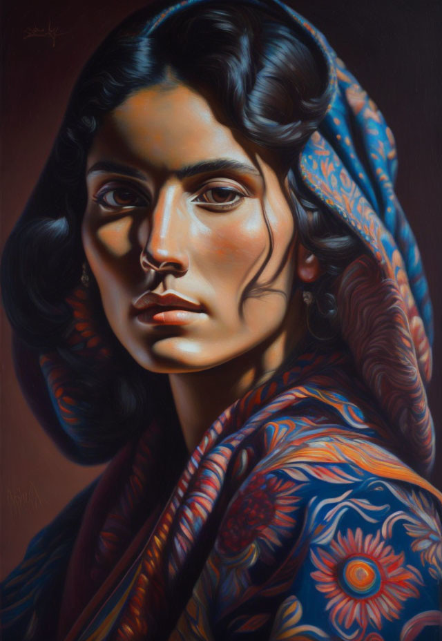 Detailed portrait of woman with dark hair in vibrant blue scarf