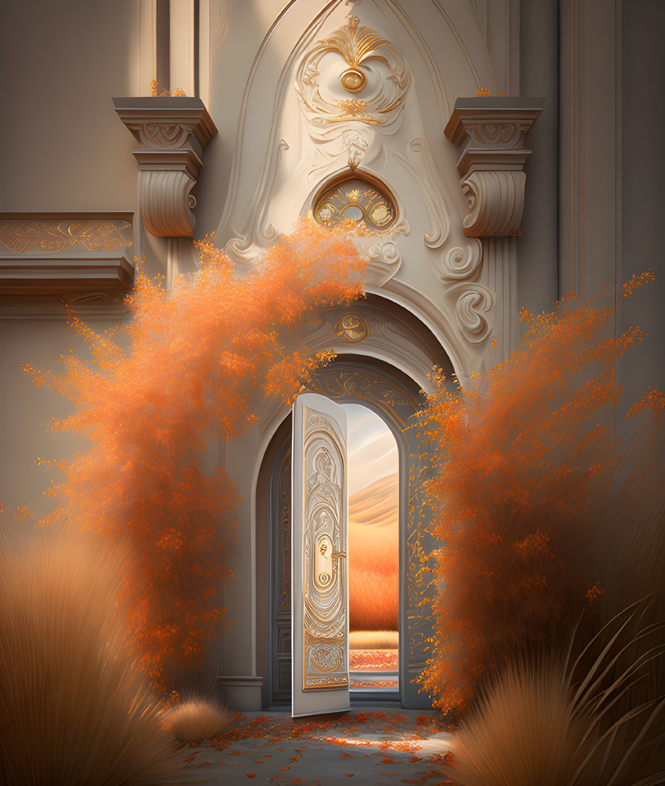 Ornate partially open door with luminous passage, orange foliage, classical architecture.