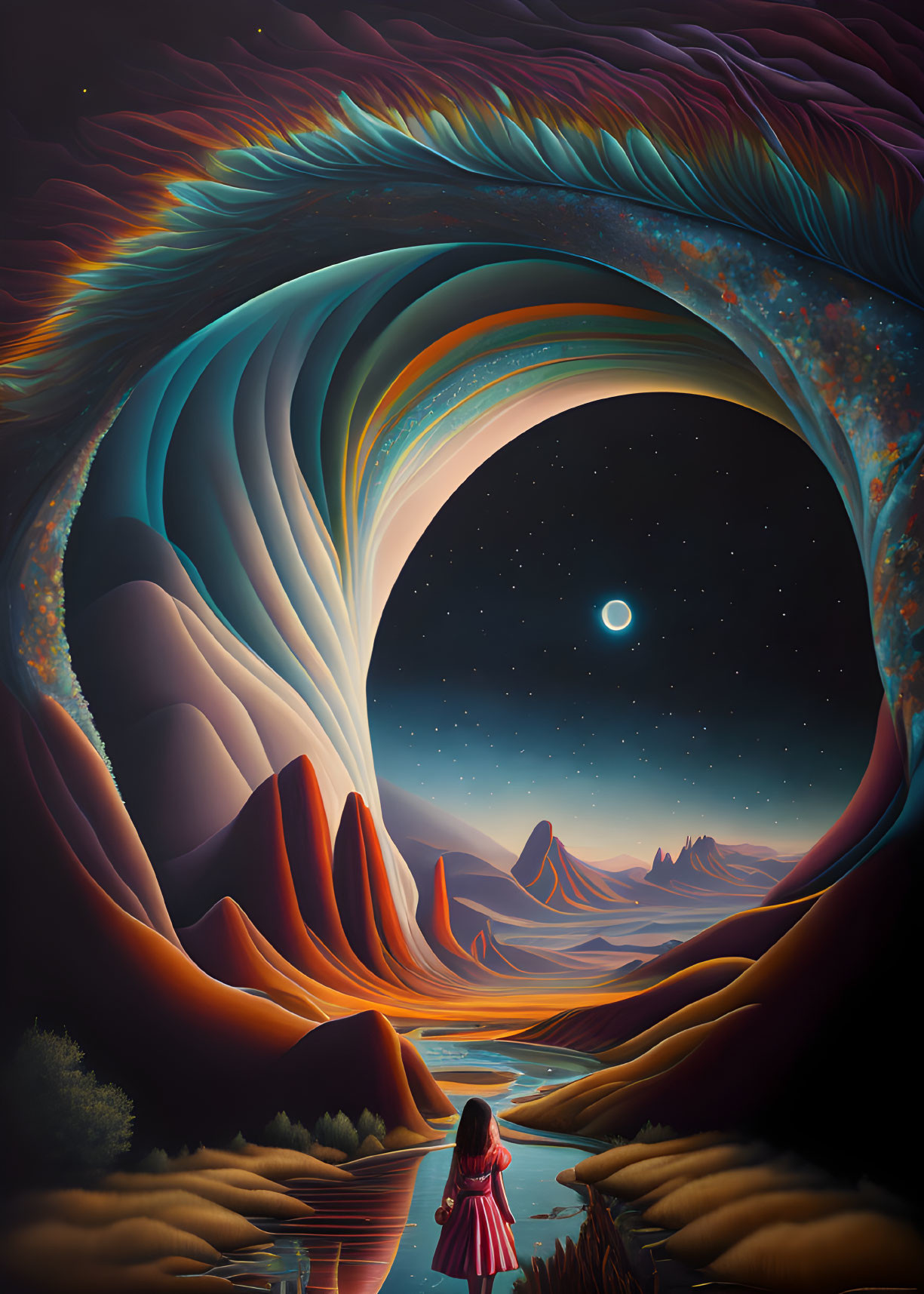 Surreal landscape with vibrant skies and river to mountains