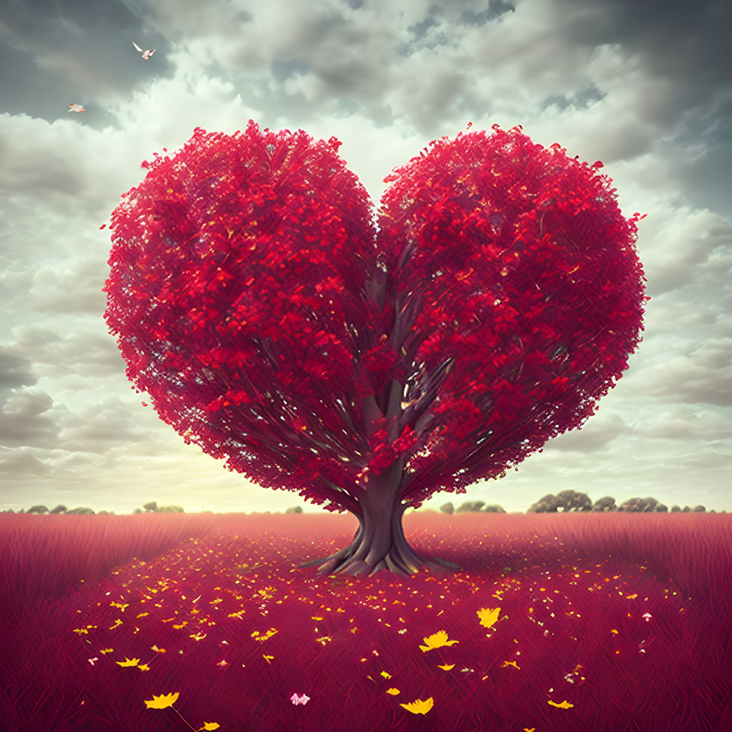 Red Heart-Shaped Tree in Field with Yellow Flowers under Cloudy Sky