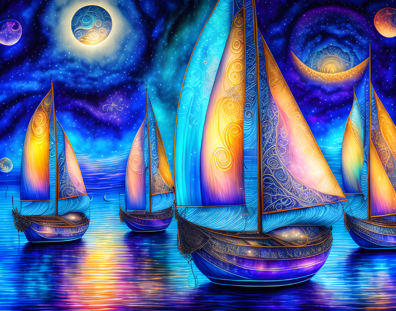 Colorful digital art: sailboats with ornate sails on starry sea, multiple moons and galaxies