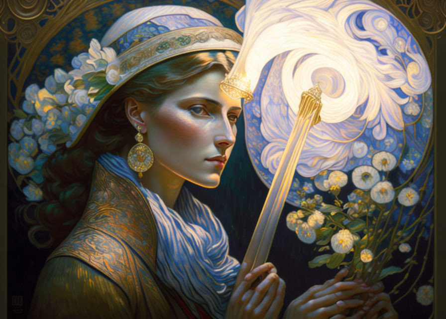 Regal woman with ornate crown and glowing staff on blue background