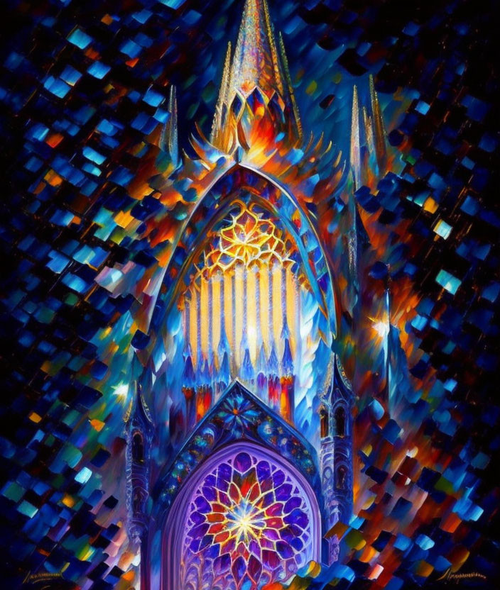 Impressionist-style painting: Gothic cathedral with rose window