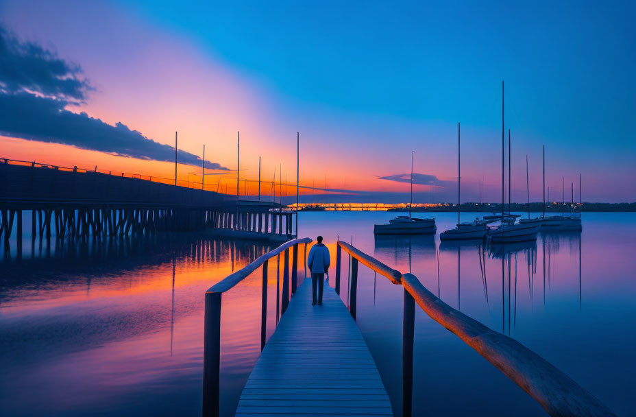 Tranquil twilight marina with wooden pier and sailboats under vibrant sky