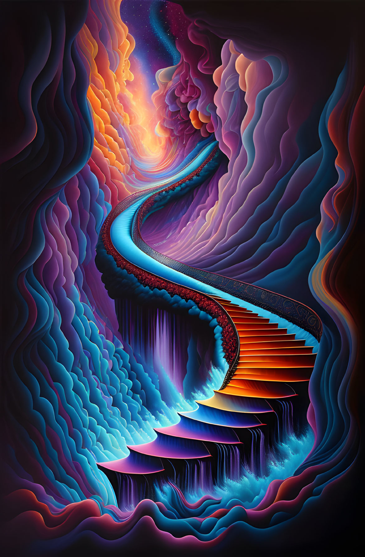 Colorful digital artwork: Cosmic staircase with surreal wave structures