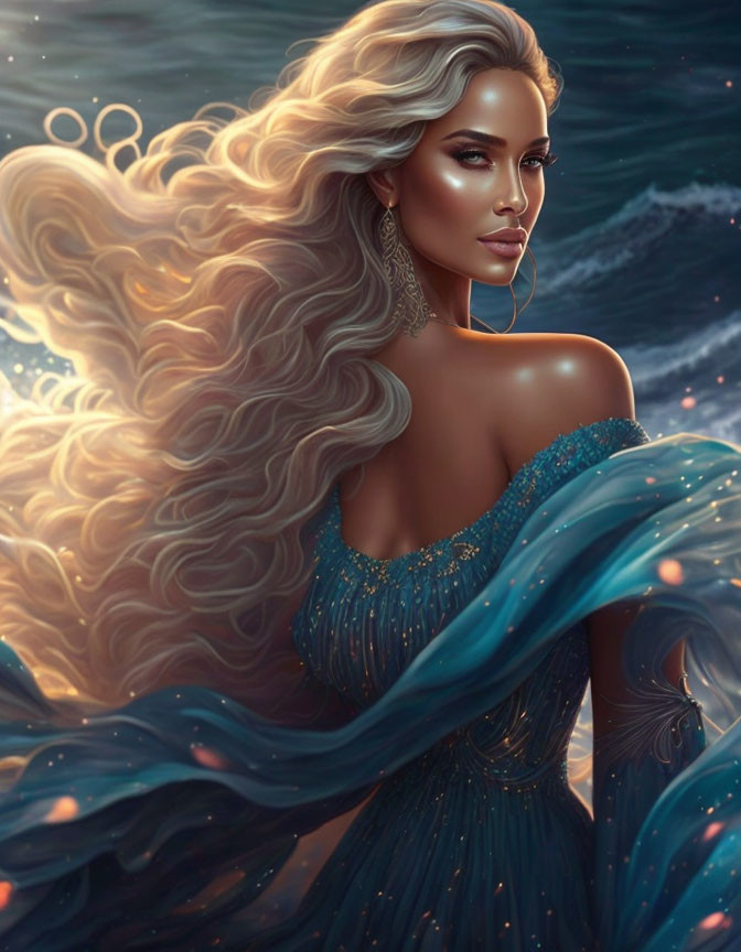 Blond woman in blue gown by ocean with bioluminescence