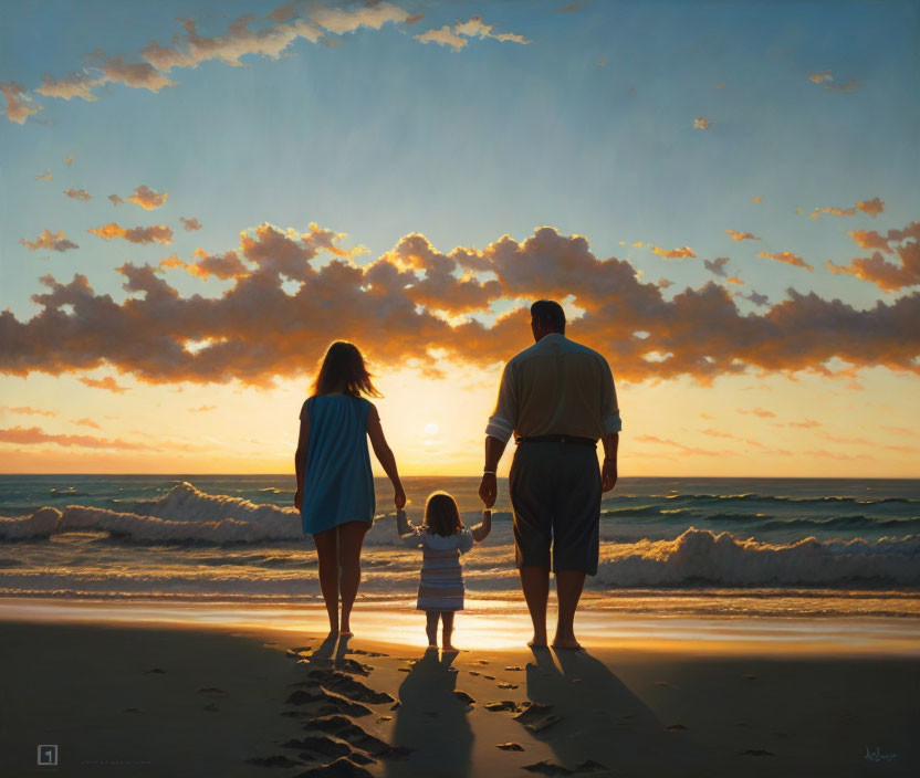 Family of Three Walking on Beach at Sunset