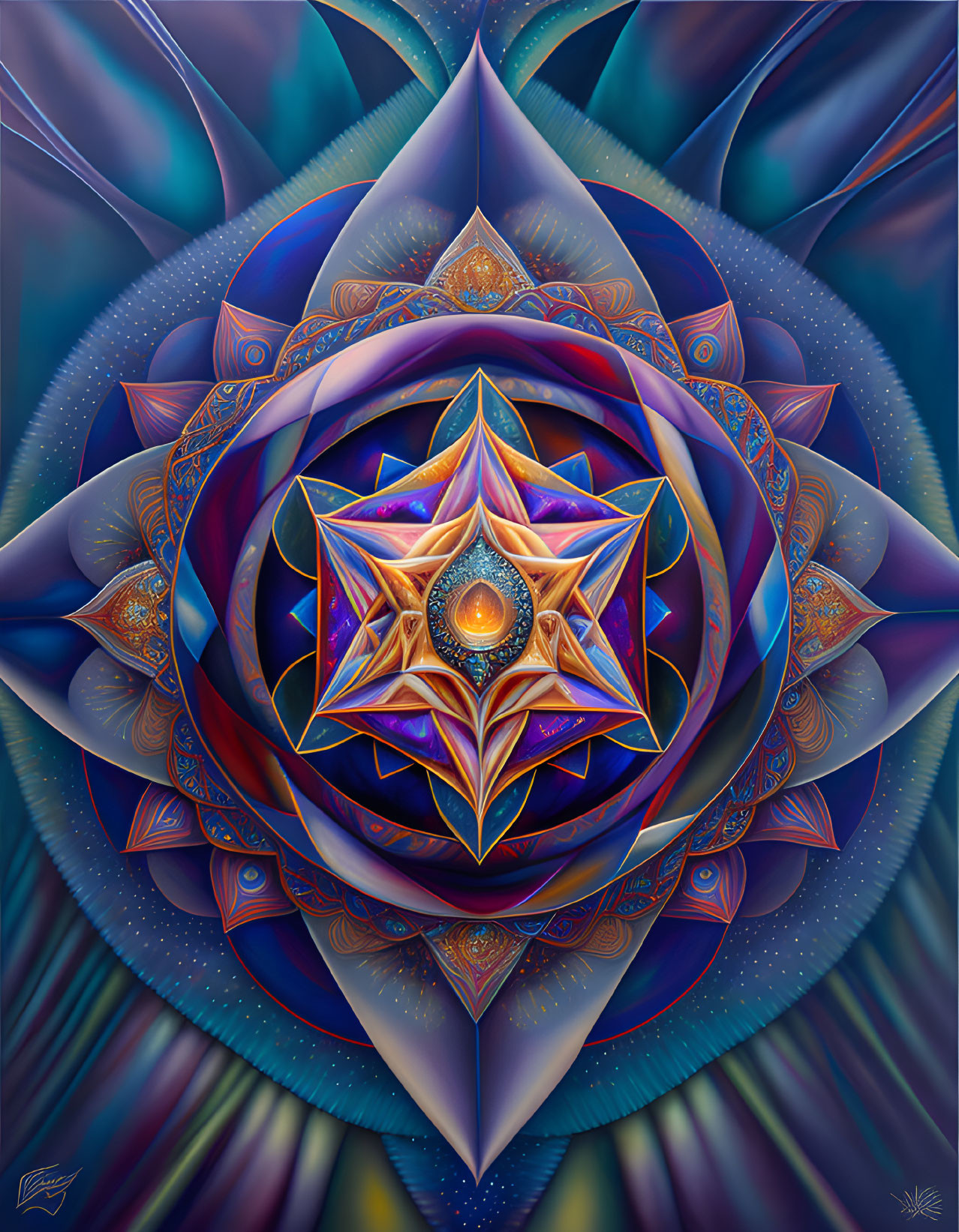 Symmetrical mandala digital art with intricate patterns and luminous colors