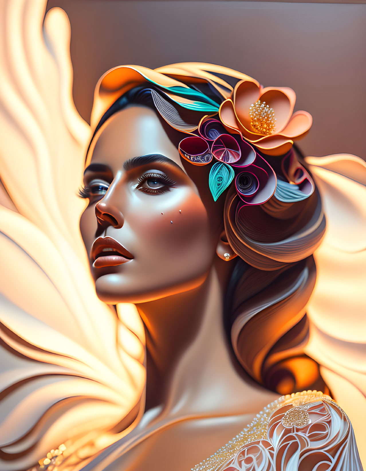 Stylized digital portrait of a woman with floral hair and abstract elements.