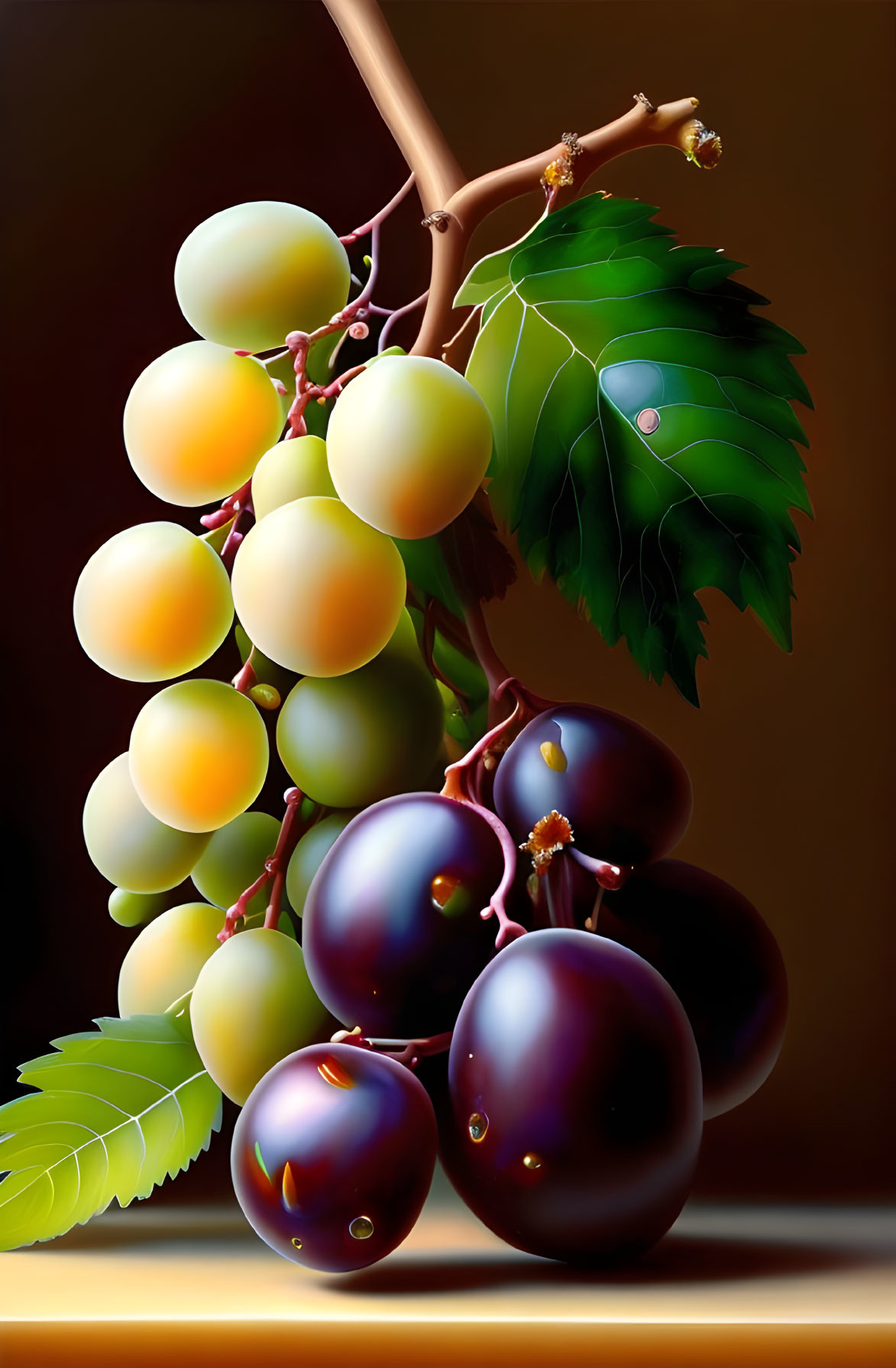 Vibrant green and purple grapes on warm brown background