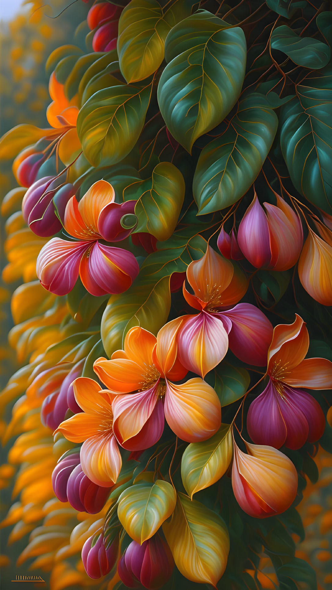 Colorful digital painting of orange and red flowers on yellow background