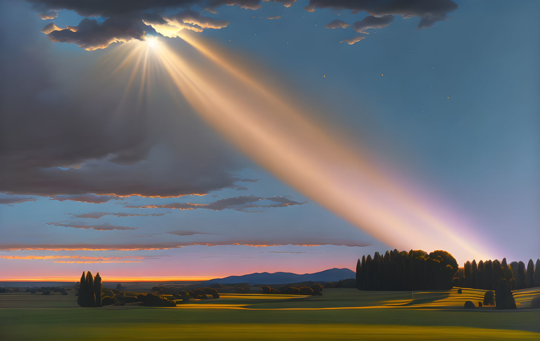 Tranquil sunset landscape with crepuscular rays and rolling hills