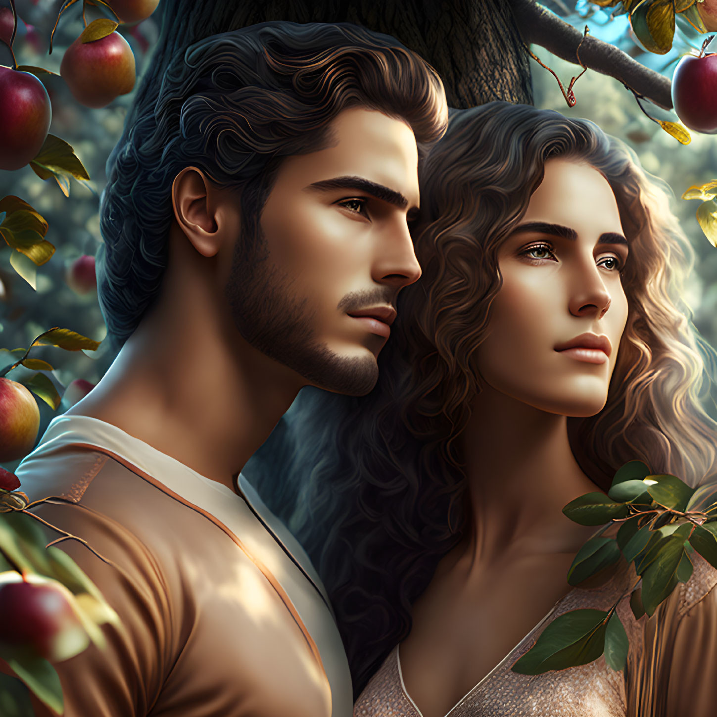 Man and woman with wavy hair posing by apple tree in sunlight