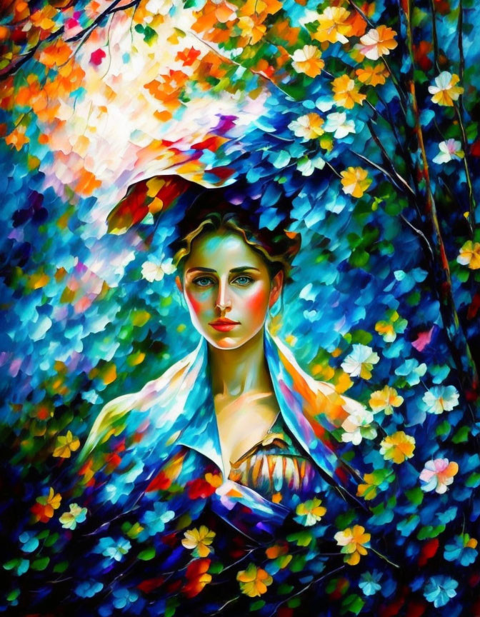 Vibrant Impressionistic Painting of Woman with Colorful Flowers