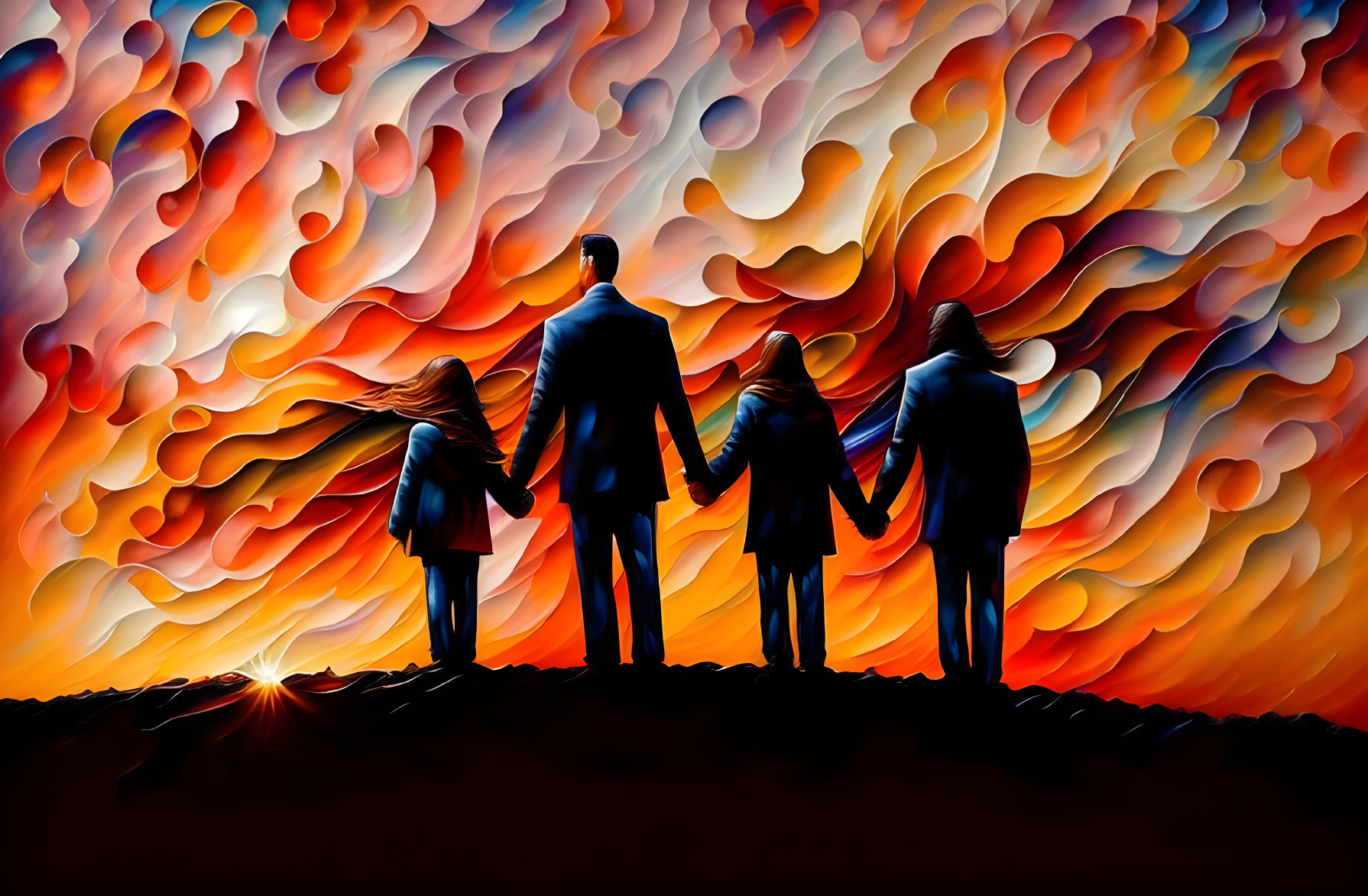 Silhouetted figures holding hands against warm, swirling backdrop