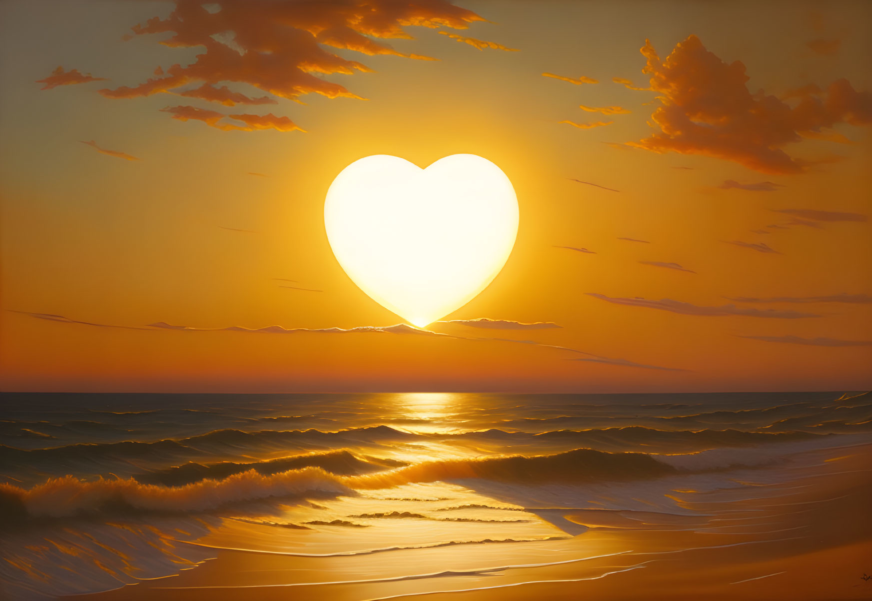 Scenic sunset beach with heart-shaped sun and waves.