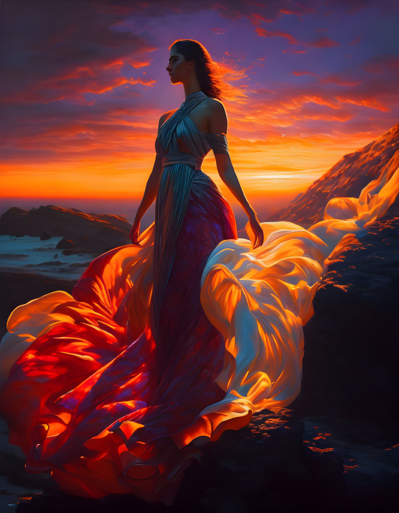 Woman in elegant gown against dramatic sunset sky on rocky terrain