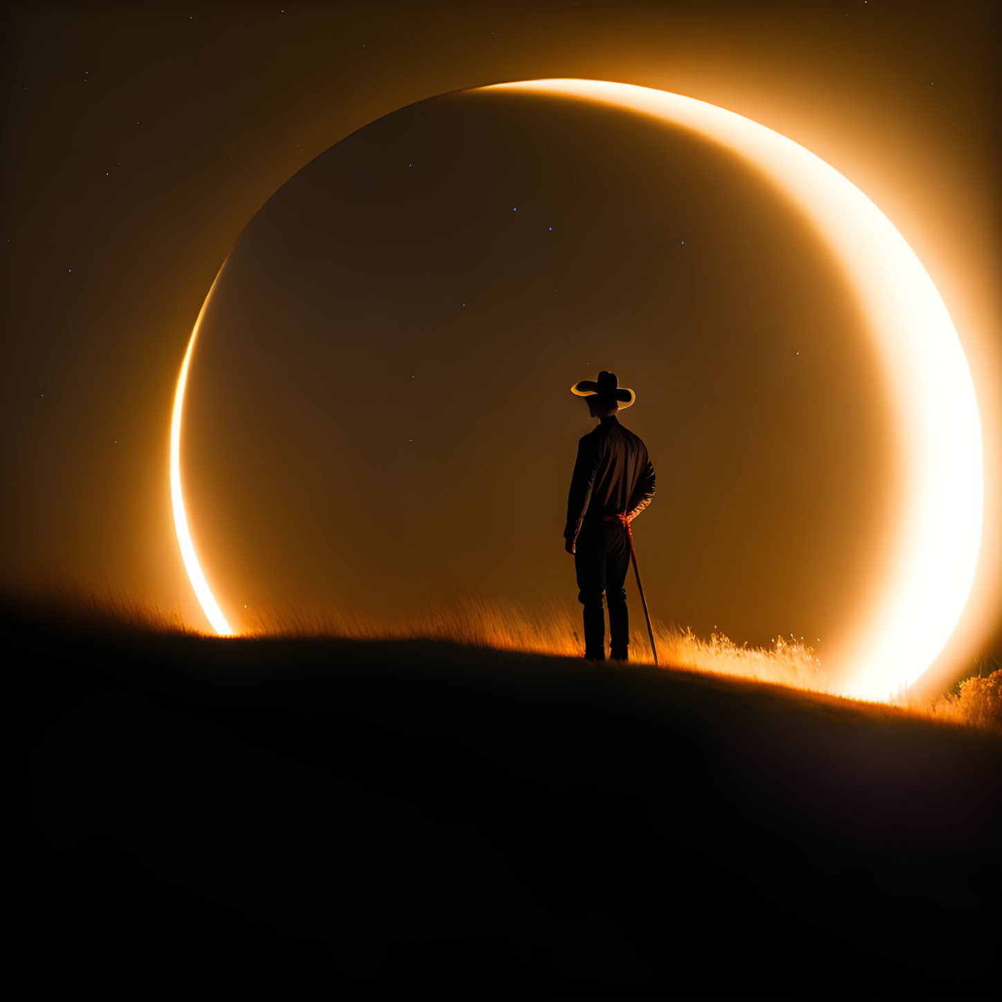 Silhouette of person in cowboy hat under glowing crescent moon