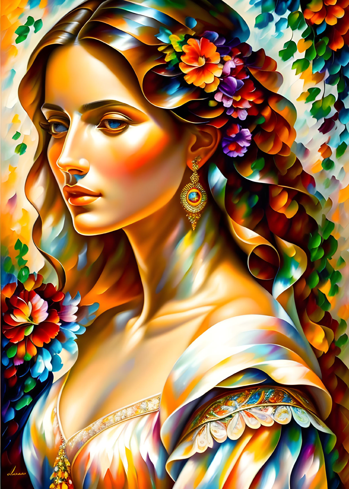 Colorful portrait of a woman with flowing hair and floral adornments