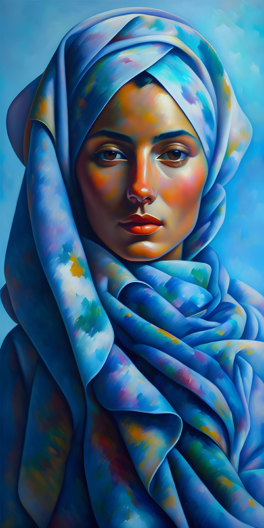 Woman in Colorful Scarf: Serene and Contemplative Mood