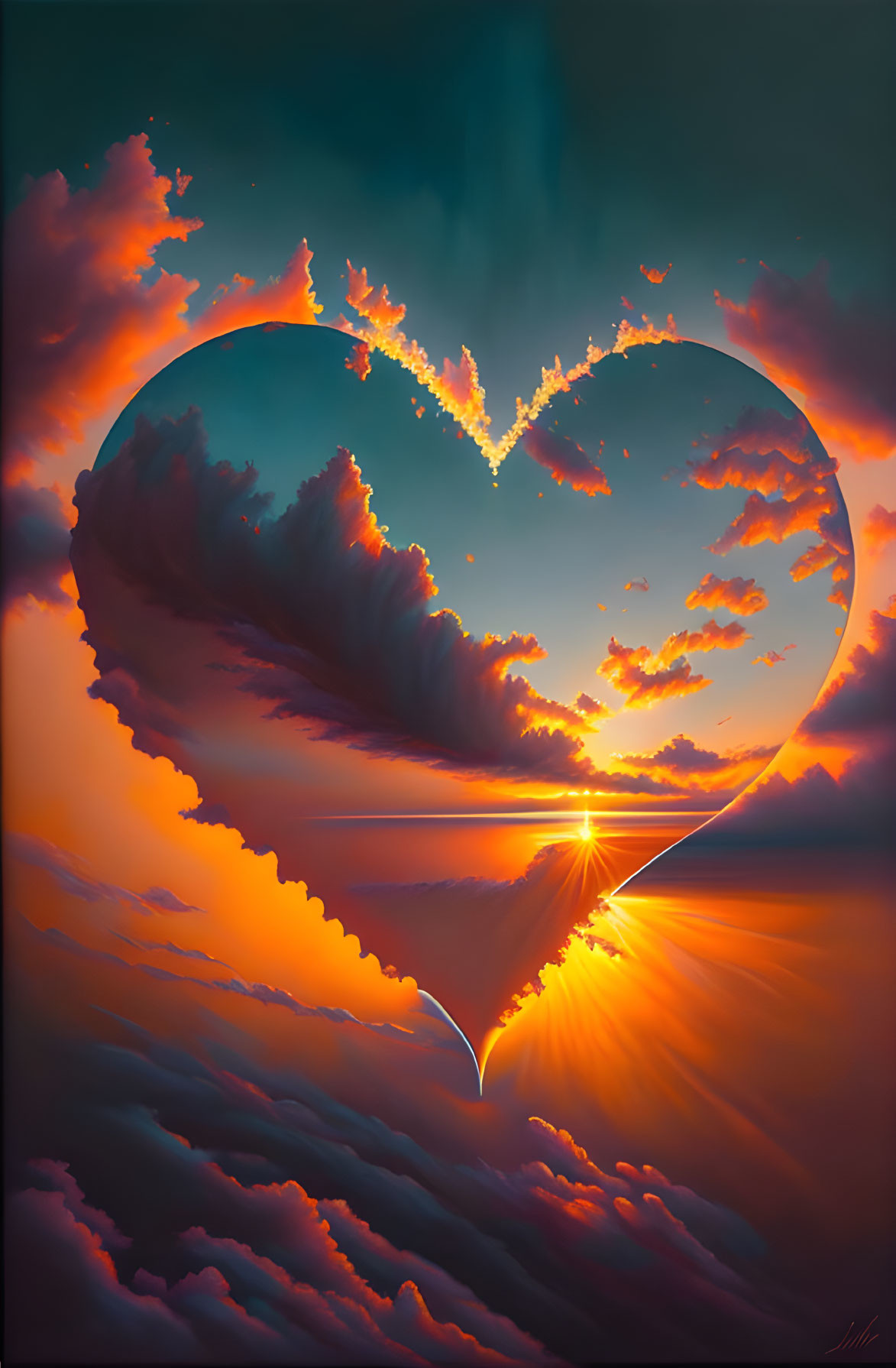 Heart-shaped Opening in Sunset Clouds with Vibrant Hues