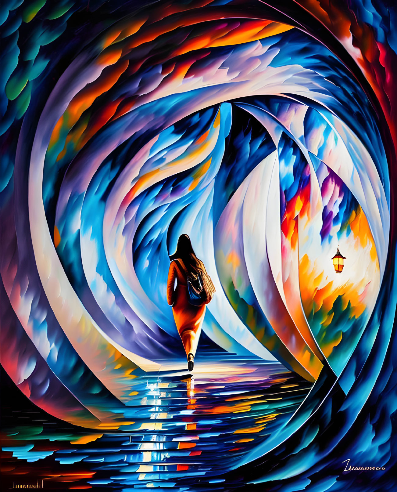 Woman walking towards vibrant swirling tunnel of blue and orange hues by solitary lantern