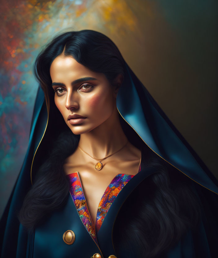 Portrait of a Woman in Blue Hooded Cloak with Intense Gaze