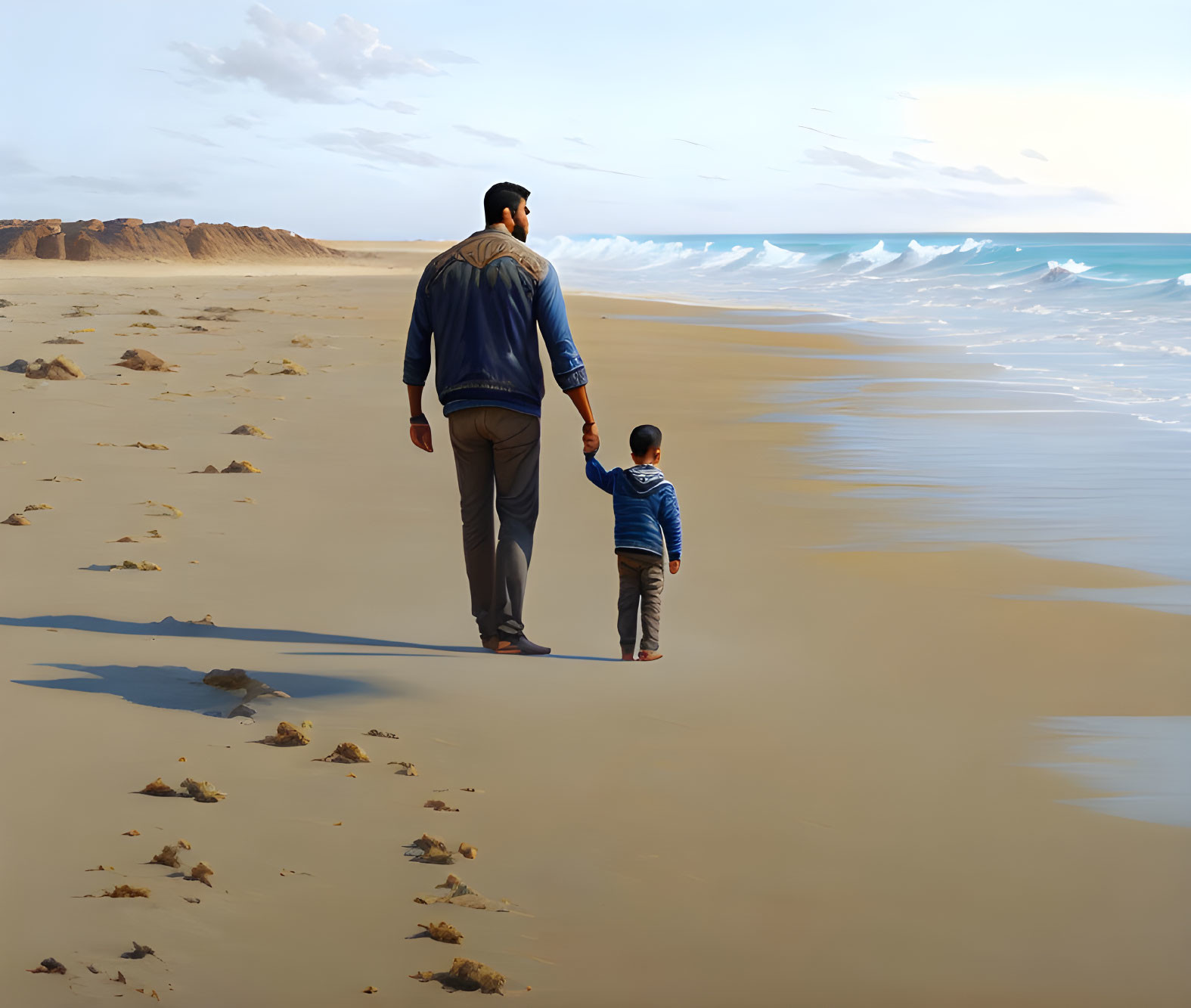 Man and child walking on sandy beach with seagulls and coastline in background