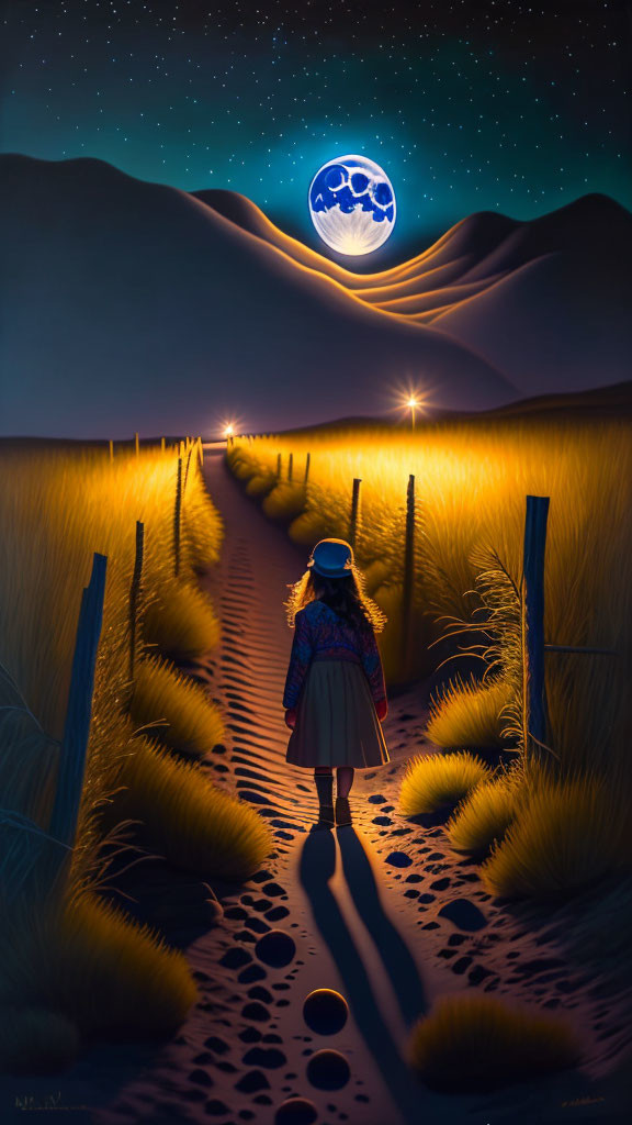 Person walking on sandy path under moonlit sky with lanterns and stars.