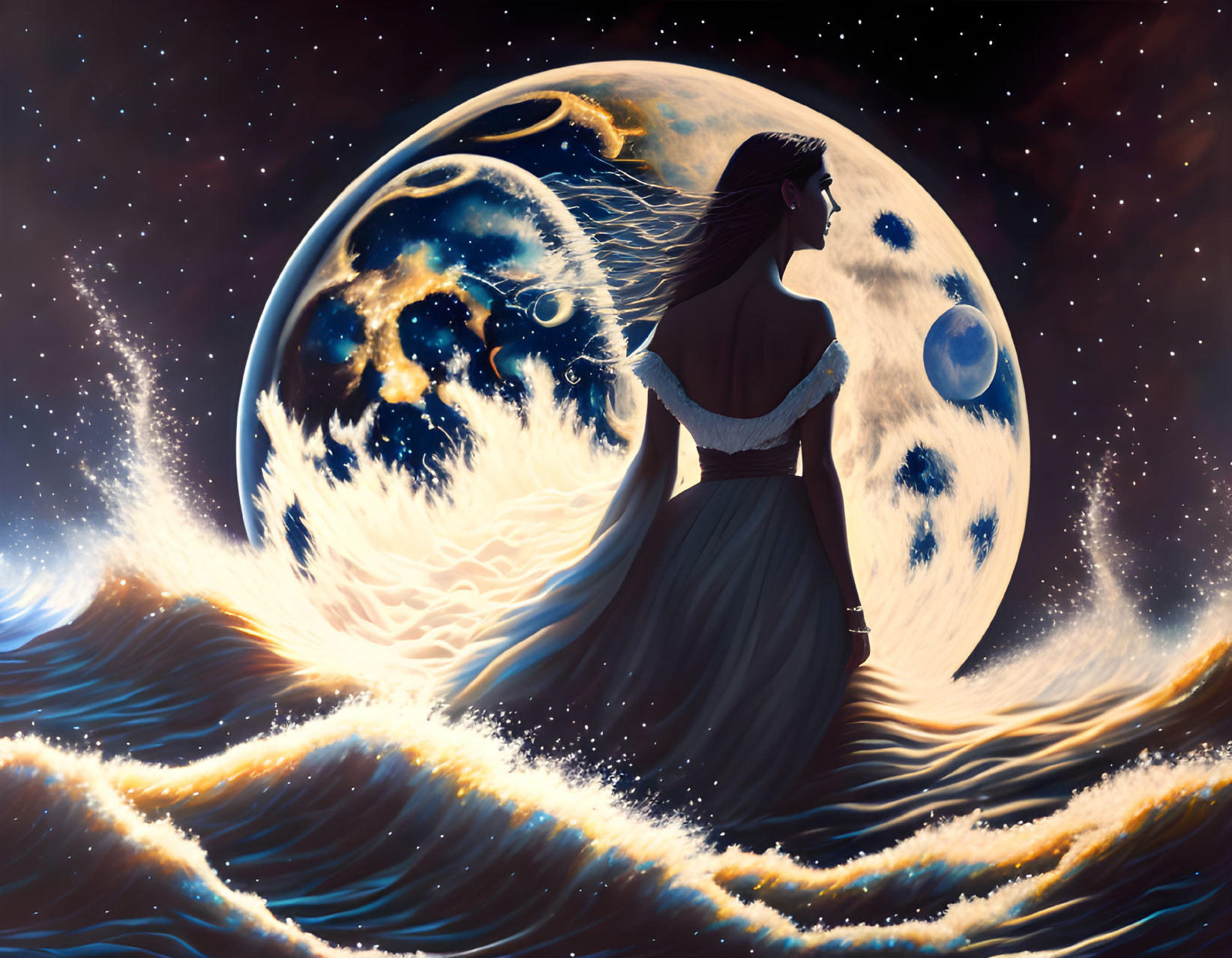 Woman in dress standing before cosmic backdrop with large moon and stars.