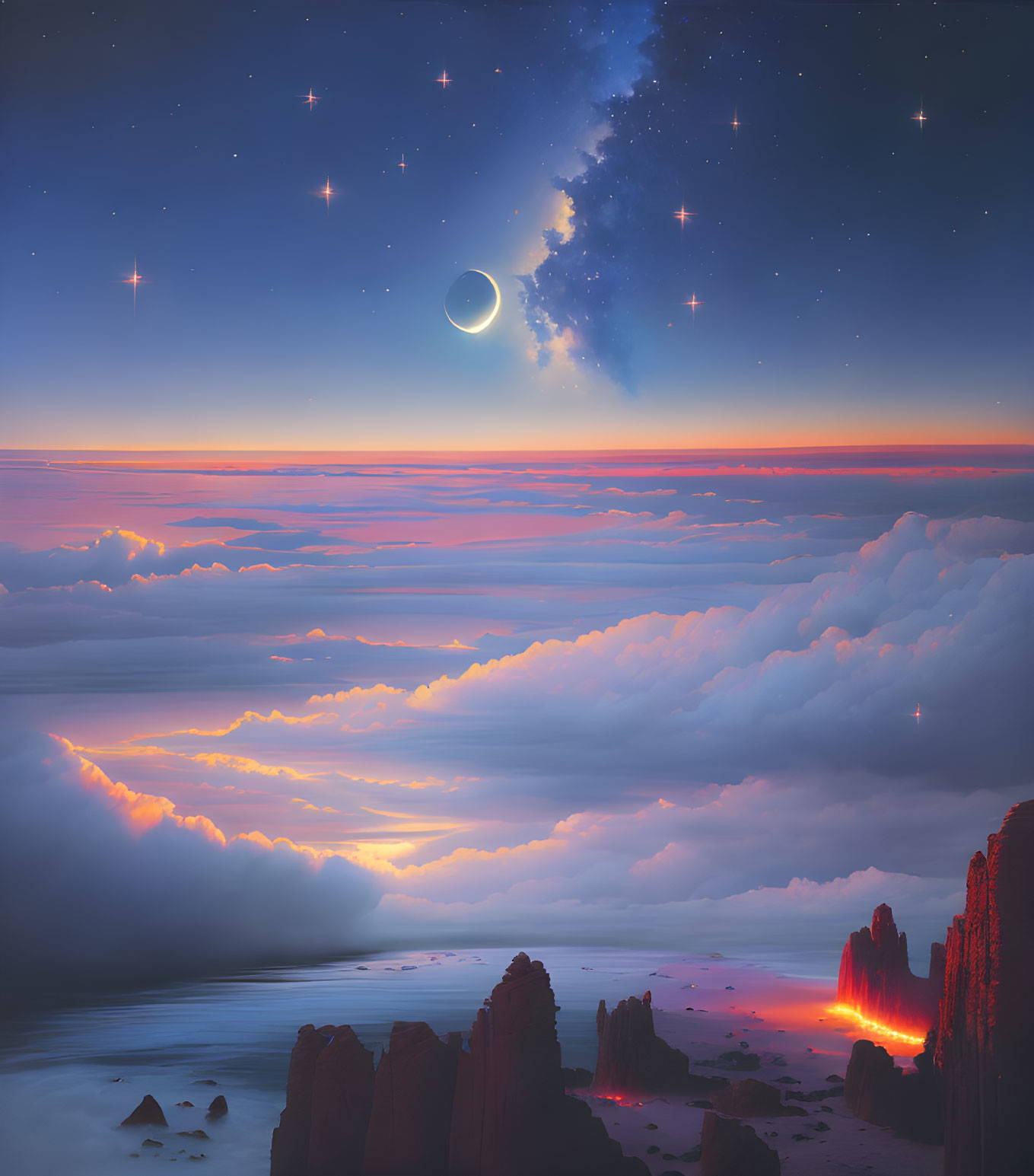 Crescent moon and stars over twilight clouds with lava flowing into the sea