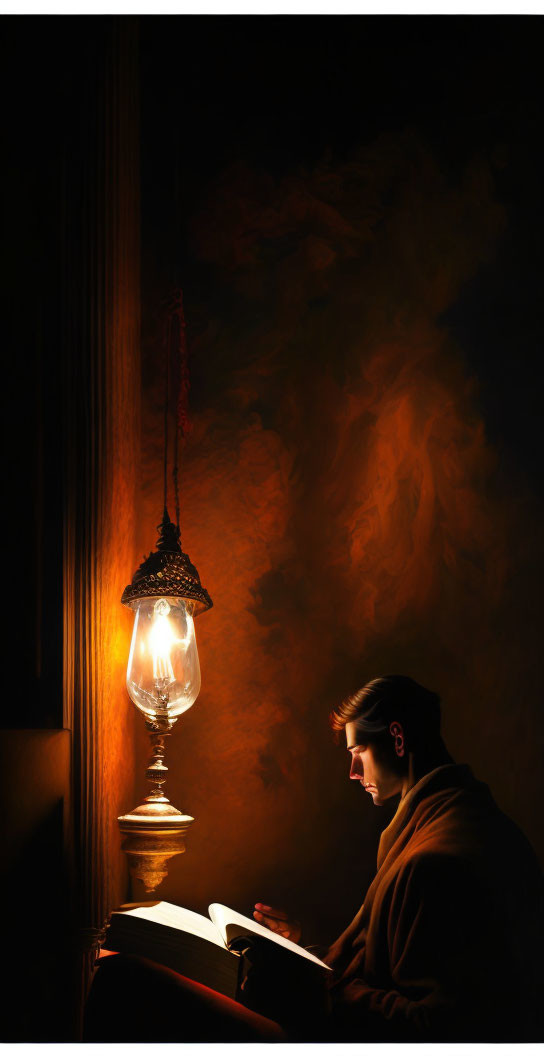 Person reading book under hanging lantern in dimly lit setting