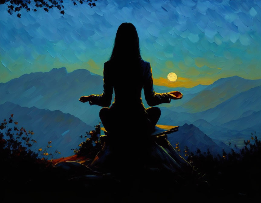 Silhouette of person meditating at sunset on hill with mountains.