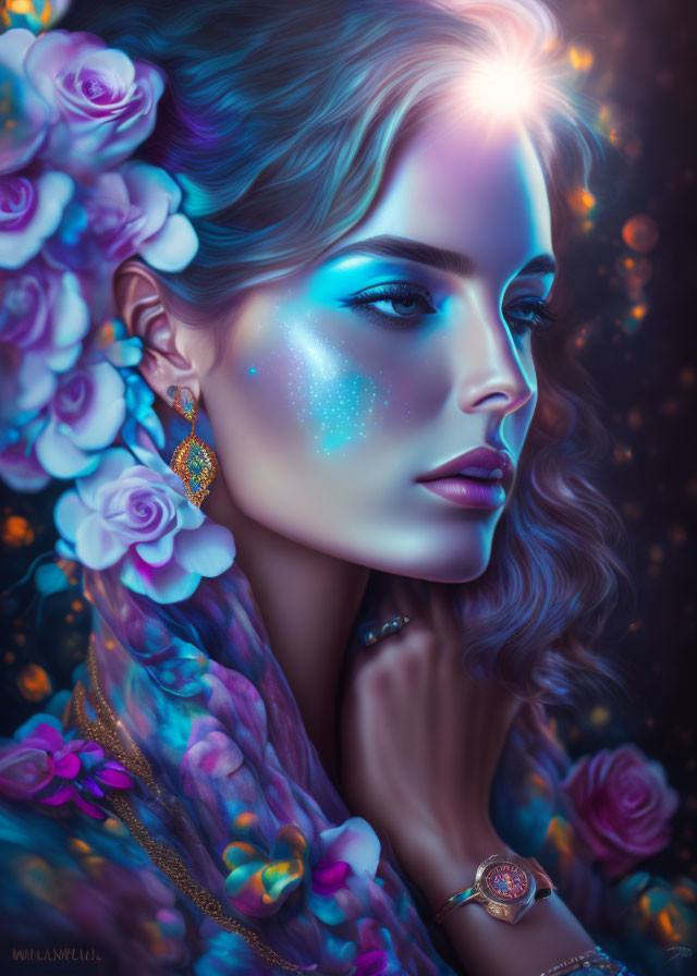 Digital portrait of woman with glowing starry skin and cosmic background.