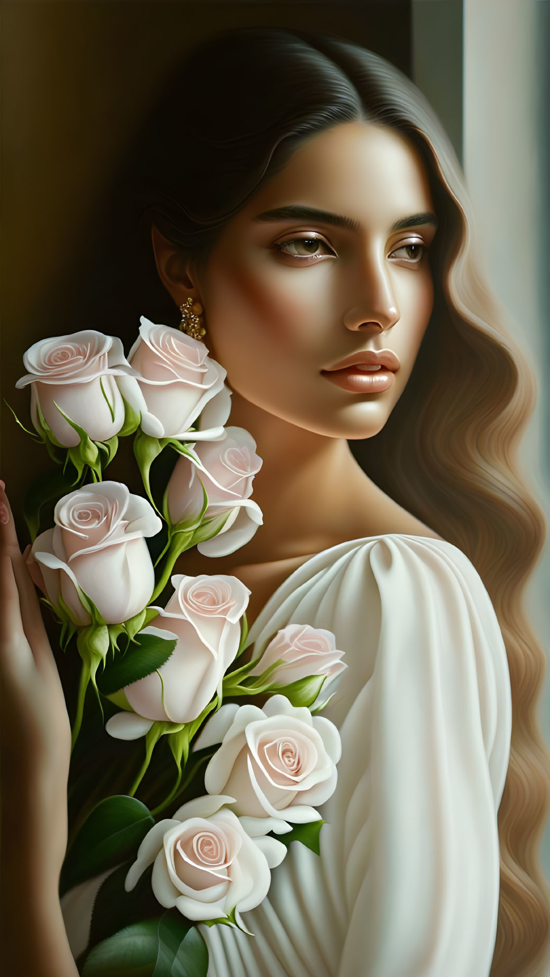 Woman with Wavy Hair Holding Pink Roses, Gazing Left