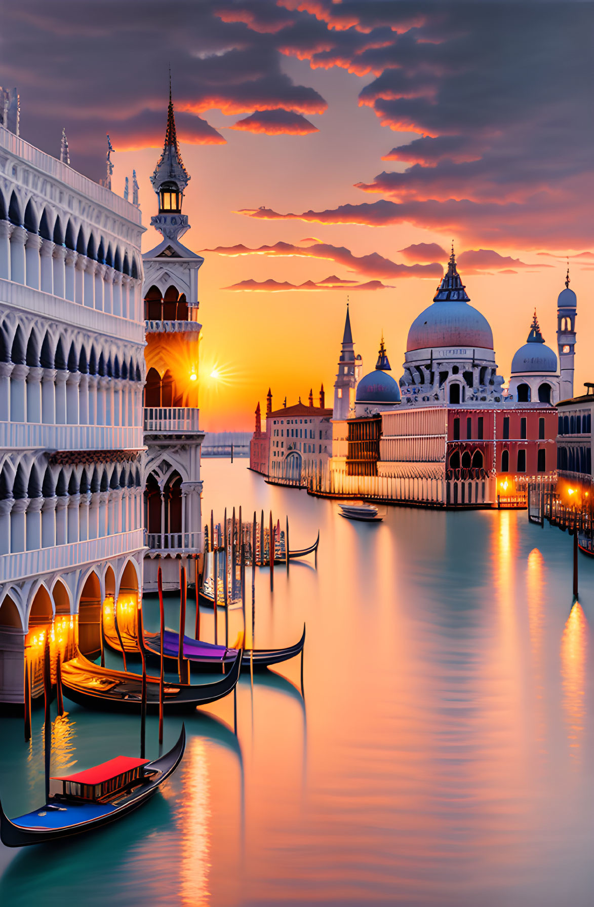 Iconic gondolas and historic architecture at sunset in Venice