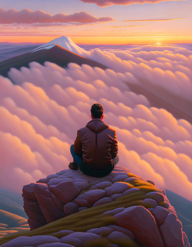 Person sitting on jagged cliff at sunset with sea of clouds and distant mountain.