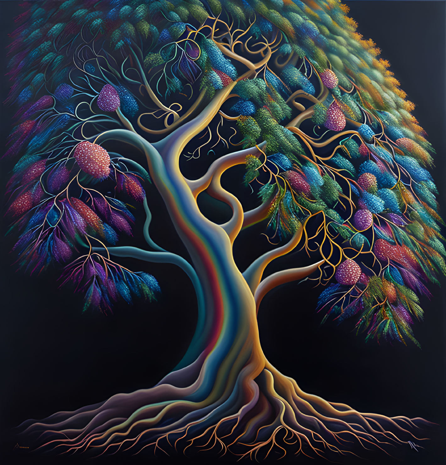 Colorful Painting of Whimsical Tree with Twisted Trunk and Luminescent Fruits