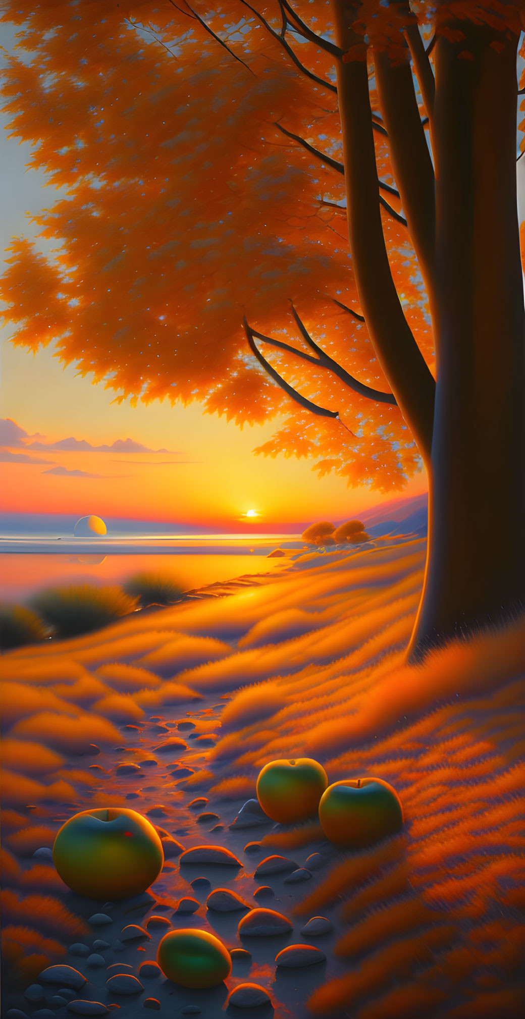 Tranquil sunset beach scene with orange foliage and smooth stones