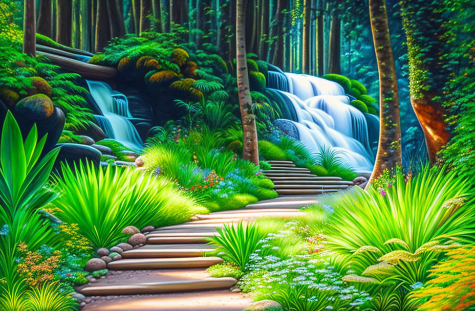 Colorful digital artwork: lush waterfall, blue water, green foliage, stone path.