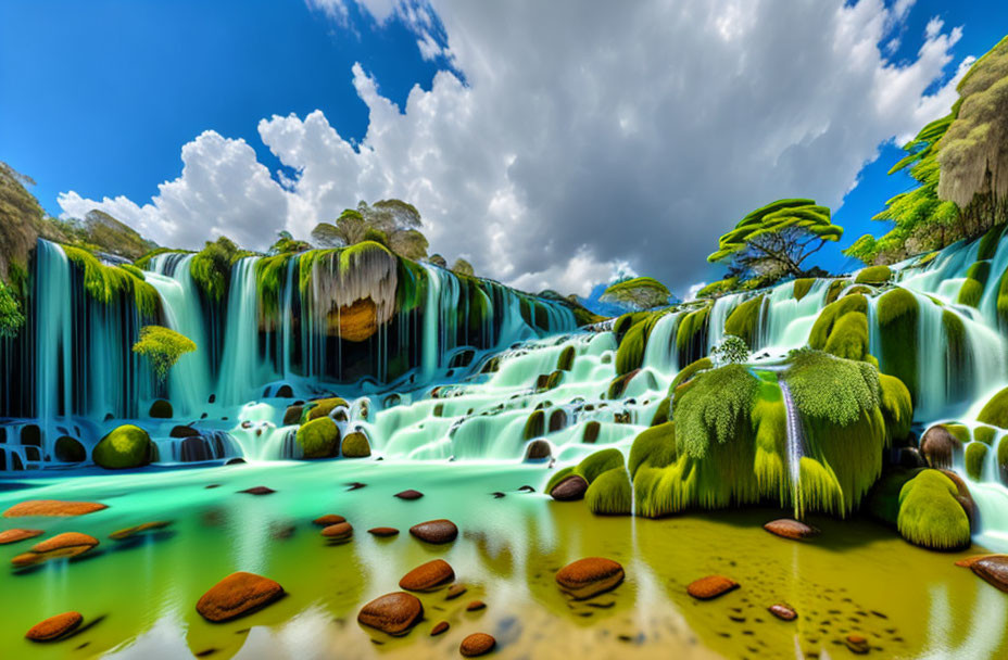 Surreal digital artwork: Vibrant waterfall in lush greenery