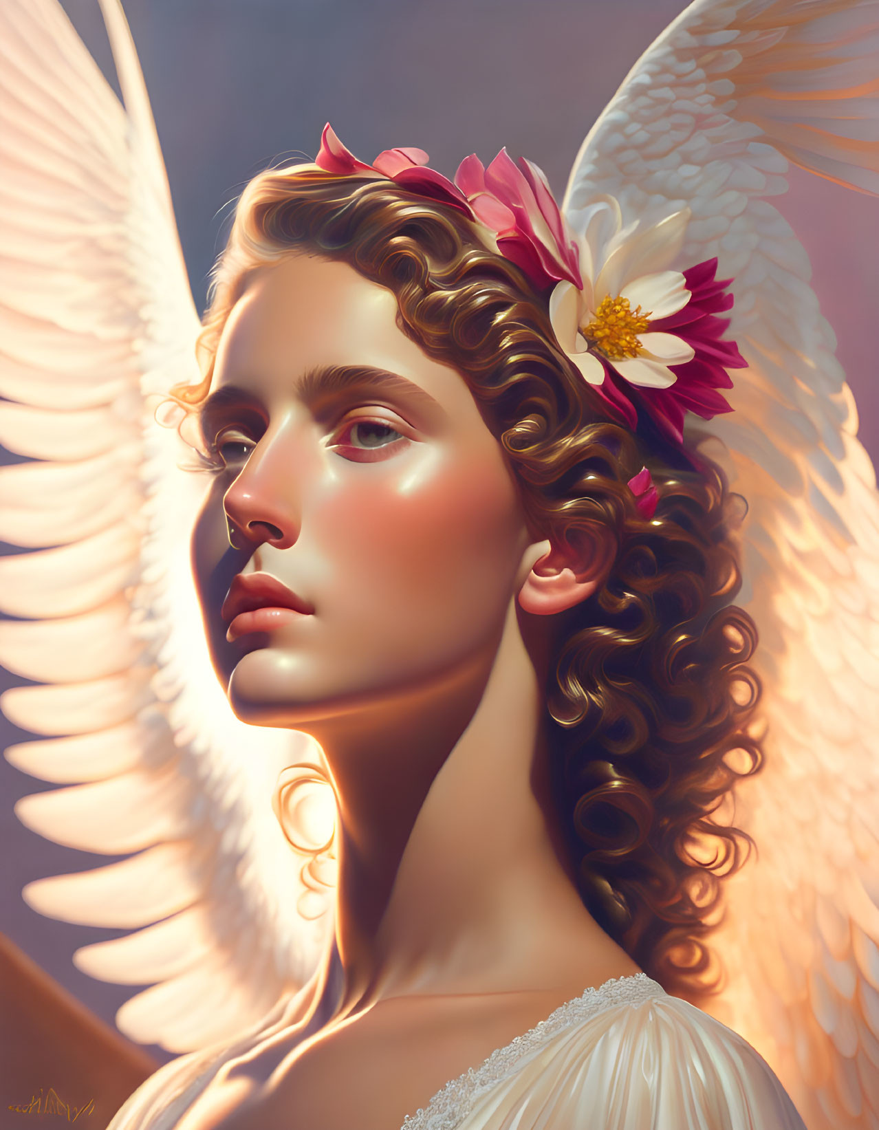 Angelic figure with curly hair, flowers, glowing skin, and white wings in warm light