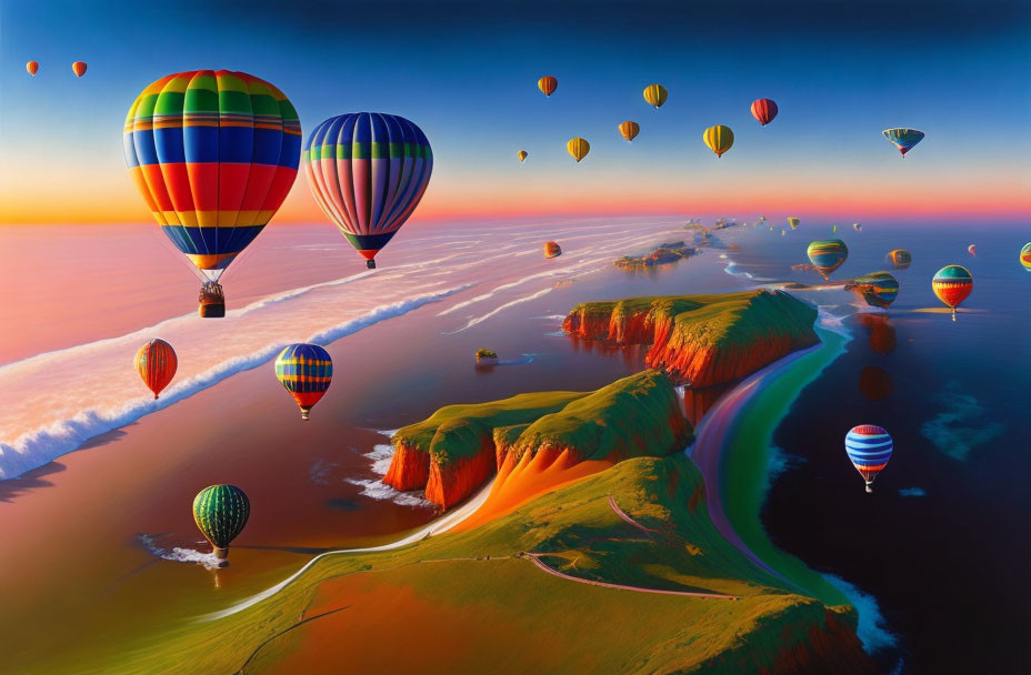 Colorful hot air balloons over coastal landscape at sunset