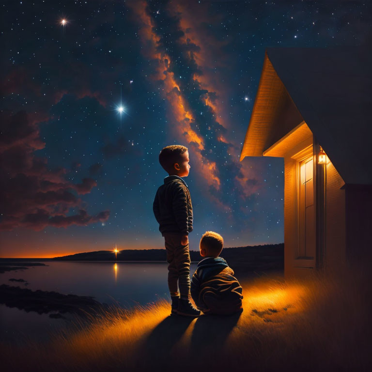 Children admiring starry sky and Milky Way above house by tranquil lake