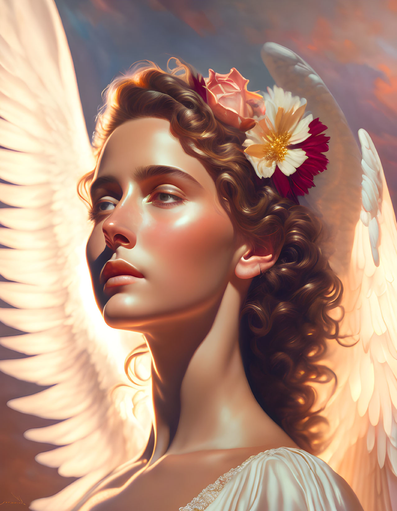 White-winged angel in floral attire under warm light