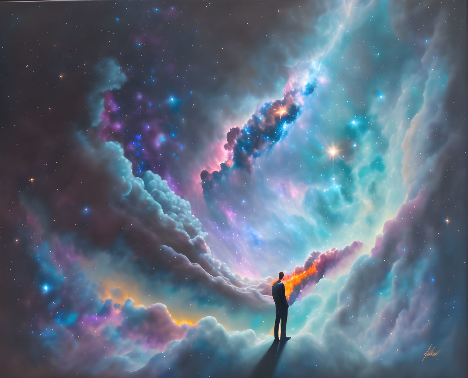 Person on platform viewing vibrant cosmic scene with swirling clouds and colorful nebulas